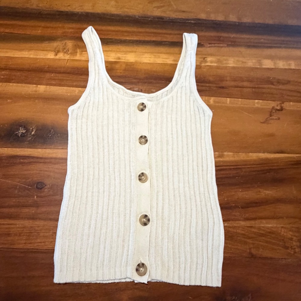 American Eagle Ribbed Button Front Tank Top Cream Knit Sleeveless Small